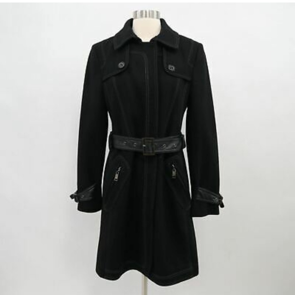Miss Sixty Coat Jacket Wool Womens M Medium Black Faux Leather Details